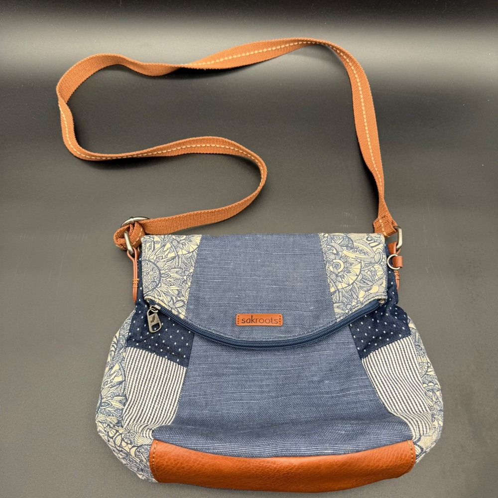 Sakroots Artist Fold Over Crossbody Bag Bohemian Blue Denim Floral Patchwork